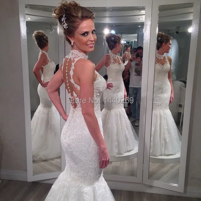 

Fashion High Neck Mermaid Bride Gown See Through Tulle Sleeveless Wedding Dresses Custom Made