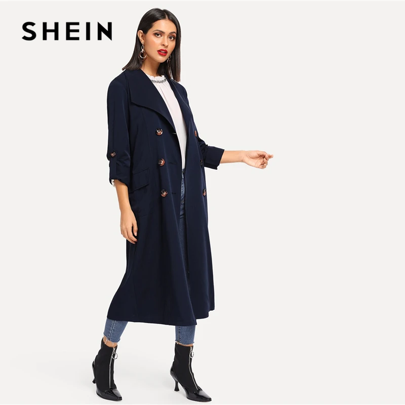 SHEIN, темно-синий свернутый рукав, двубортный с поясом, удлиненный Тренч, женское осеннее пальто с карманами, элегантная верхняя одежда для улицы