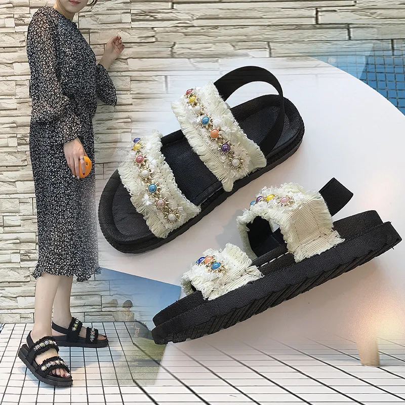

Peep Toe Front Rear Strap Summer Flat with Platform Sandals Women Flat Crystal Ladies Shoes Solid Slip-On Basic Sandals