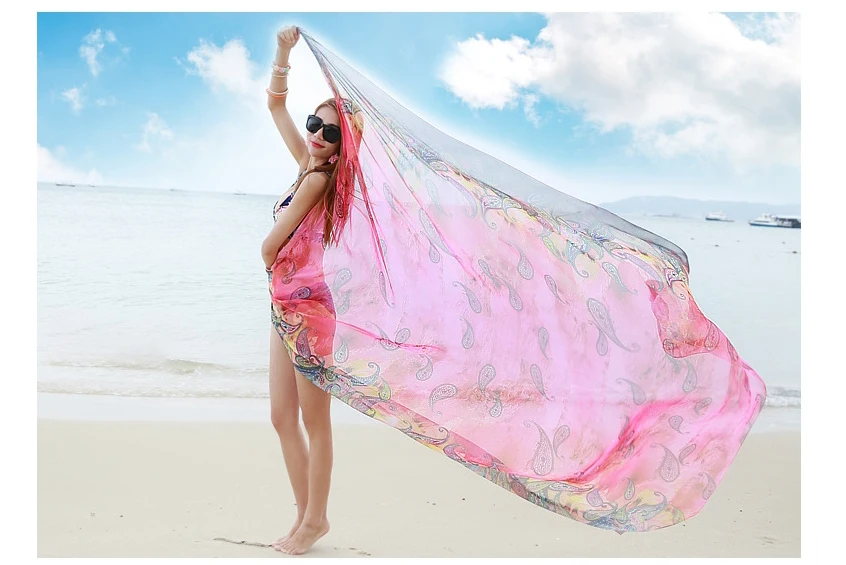 Женское пляжное парео с цветочным принтом шифоновые шелковые шарфы большого размера Suncreen богемный шарф Женская шаль и палантины сексуальные саронг