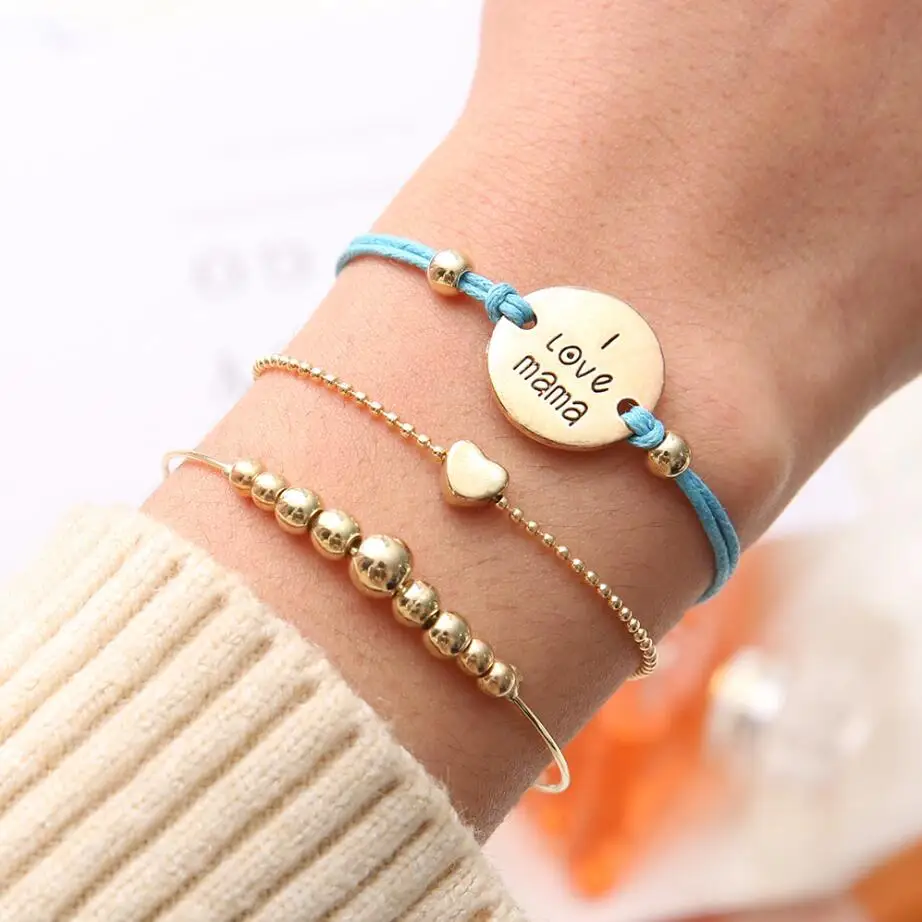 

3 Pcs/set I LOVE Mama Letters Rope Chain Bracelet Set for Women Gold Beads Pendant Multicolor Bangle Bracelet Femme Jewelry Gift