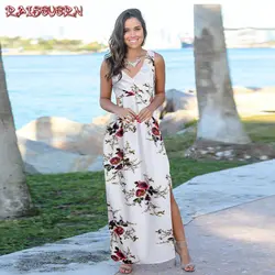 Женское летнее длинное платье в стиле бохо, вечернее пляжное платье, сарафан с цветочным принтом, элегантное платье с v-образным вырезом