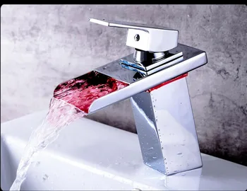 

Free Shipping LED Light Waterfall Spout Bathroom Basin Faucet Deck Mount Square Vanity Sink Mixer Tap