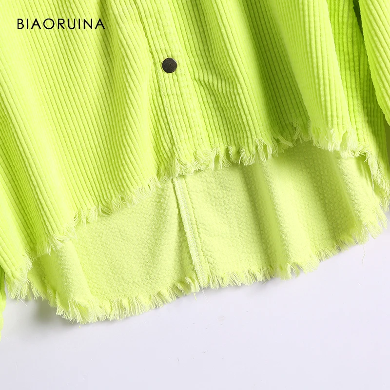 BIAORUINA, корейский стиль, женская зеленая Вельветовая однотонная куртка с отложным воротником, женская Свободная куртка в стиле сафари, пальто с кисточками
