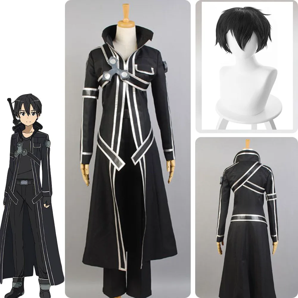 

2019 Sword Art Online SAO Cosplay Costume Kazuto Kirigaya Kirito Halloween Full Sets Outfit Set With Wig For Men Costumes S-XL