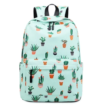 

AUAU-Waterproof Fairy Ball Plant Printing Backpack Women Cactus Bookbag Cute School Bag for Teenage Girls Kawaii Pink Green Kn