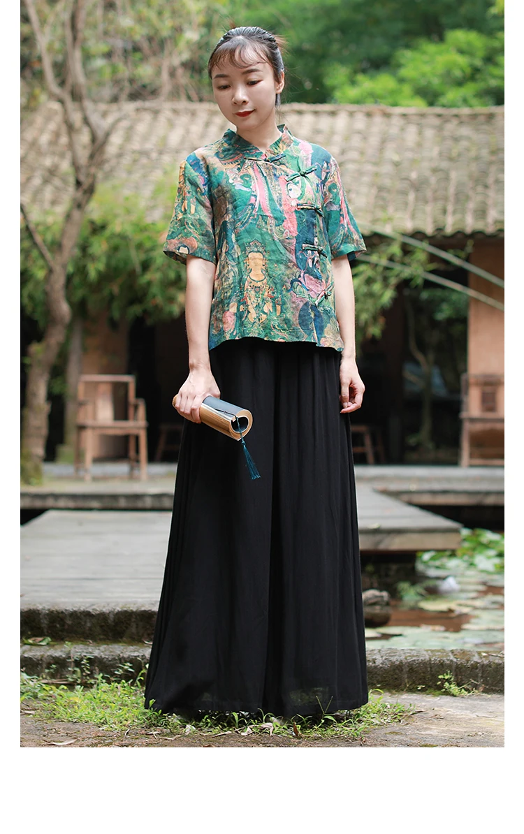 LZJN Summer Blouses Women 2019 Short Sleeve Chinese Style Women Shirts Short Buddha Printed Cheongsam Zen Tops (18)