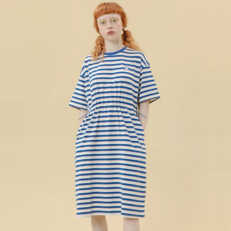 

New Design Korean Fashion Women Loose Summer Dress Cotton Striped Print Cartoon Patch Femme Short Sleeve Dresses