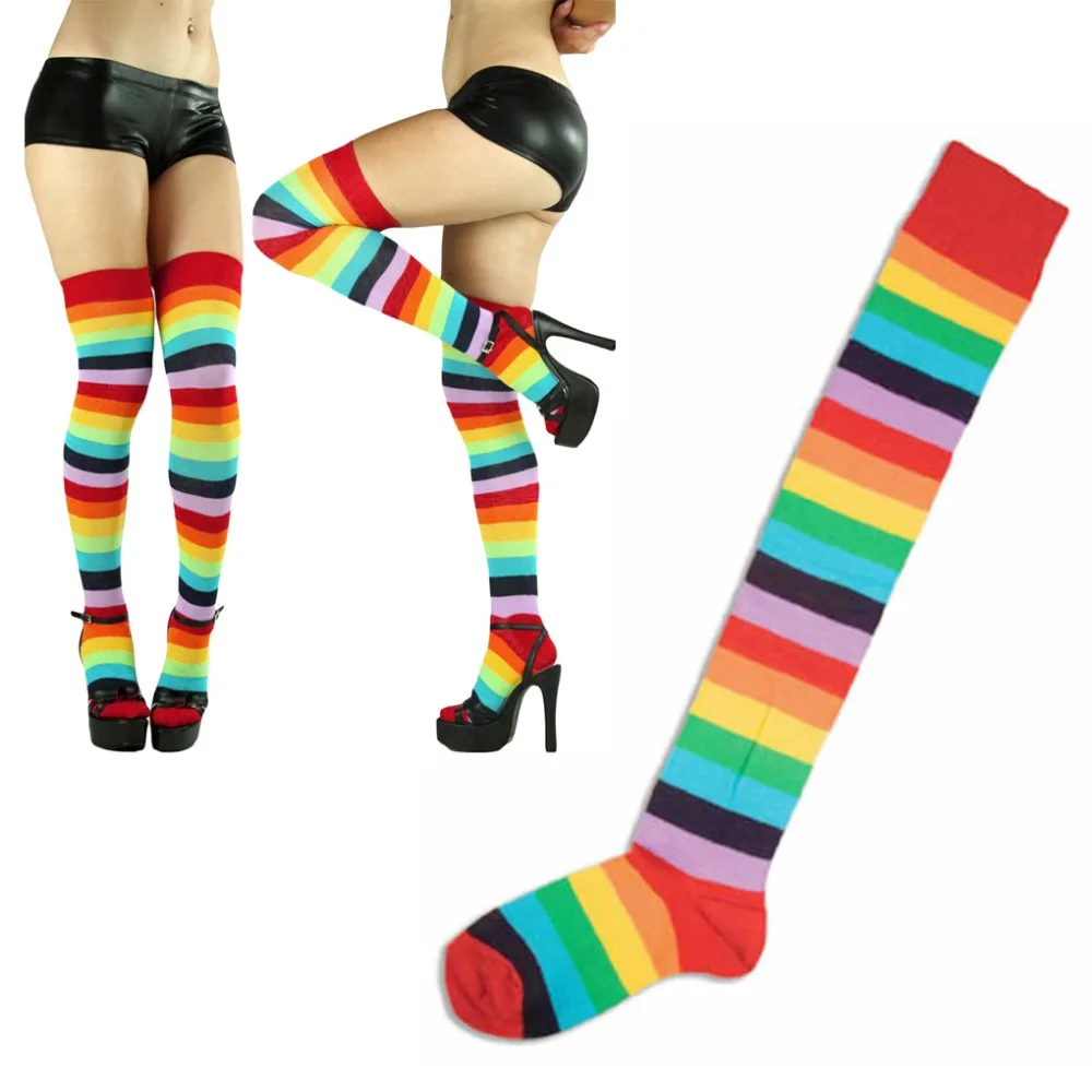 

Hot Design Long Stockings Polyester Rainbow Striped Knitted Women Girls Ladies Over the Knee