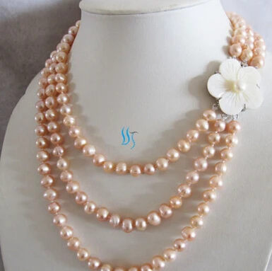 

0001229 7-8mm Peach Pink 3Row Freshwater Pearl Necklace Jewelry Strand AAA