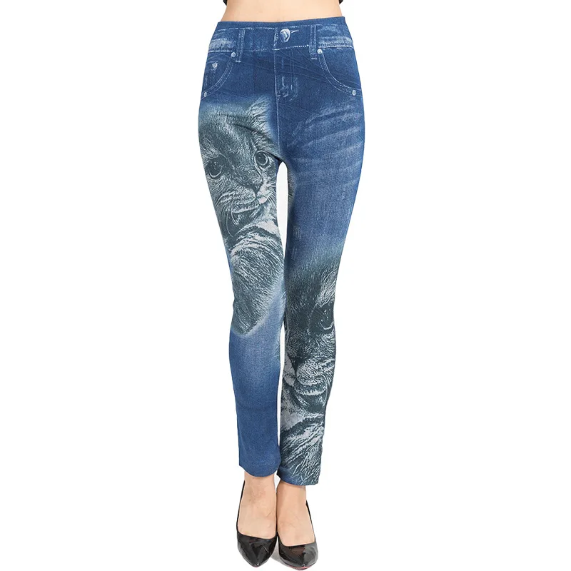 

High Waisted Print Jeans Leggings Women False Denim Jeggings Femme Elasticity Skinny Seamless Leggins Pants Mujer Summer 2019