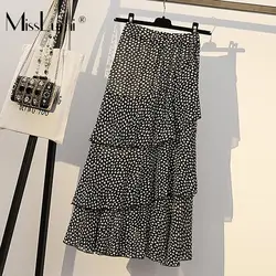 L-4XL плюс Размеры Для женщин в горошек Юбки Лето 2019 корейской моды эластичный пояс свободные Повседневное рюшами юбка миди-юбка из шифона