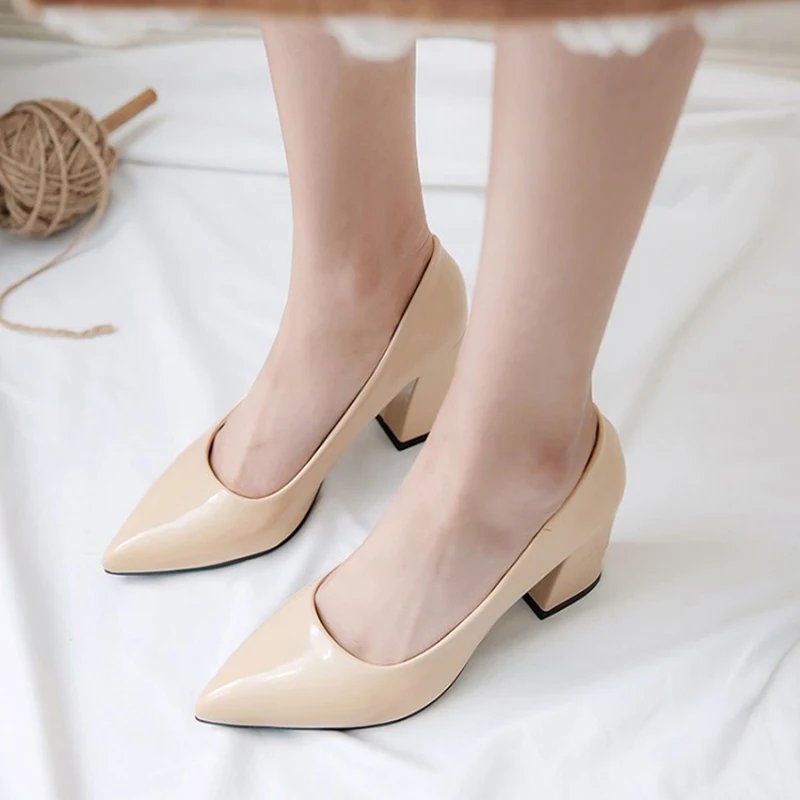 6 Fashion Black Pink Spring Thick Heels Brand Single Ladies Pumps Wedding Shoes