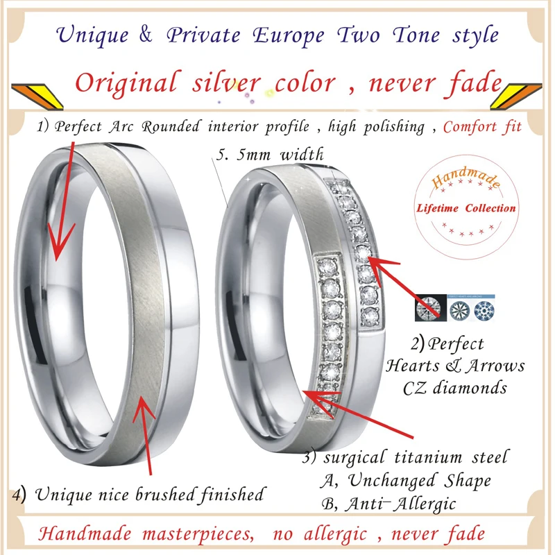 Mens Alliances Titanium Jewelry Stainless Steel Ring Silver Color cubic zirconia Wedding band couple Rings for women (3)