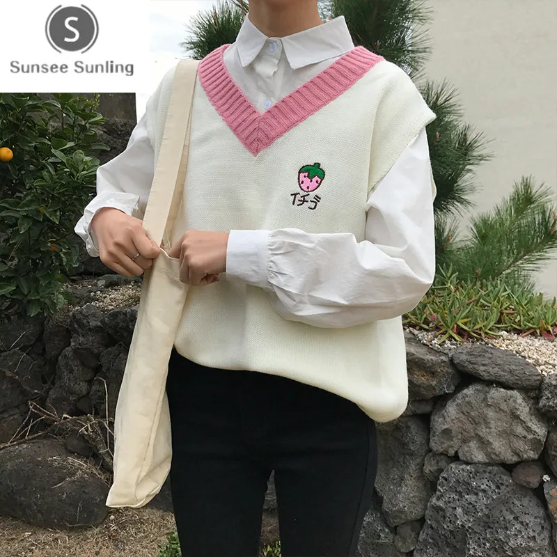 

24 Styles Autumn Preppy Style Basic Fruit Embroidery Vest Female Sweaters Womens Sweaters Pullovers Sueter De Las Mujeres
