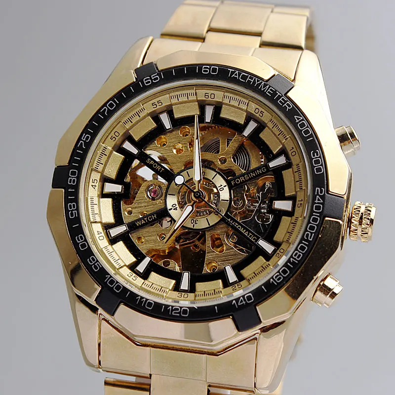 

Hot Sale Luxury Mens Golden Automatic Mechanical Skeleton Dial Stainless Steel Band Analog Self-Winding Wristwatch Chrismas Gift