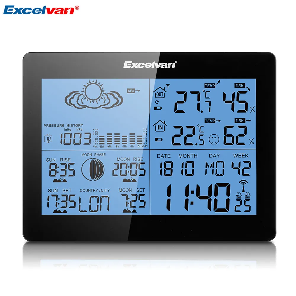 EXCELVAN Wireless Thermometer Hygrometer Weather Station Forecast Temperature Humidity Tester Clock Alarm Indoor Outdoor Clock13