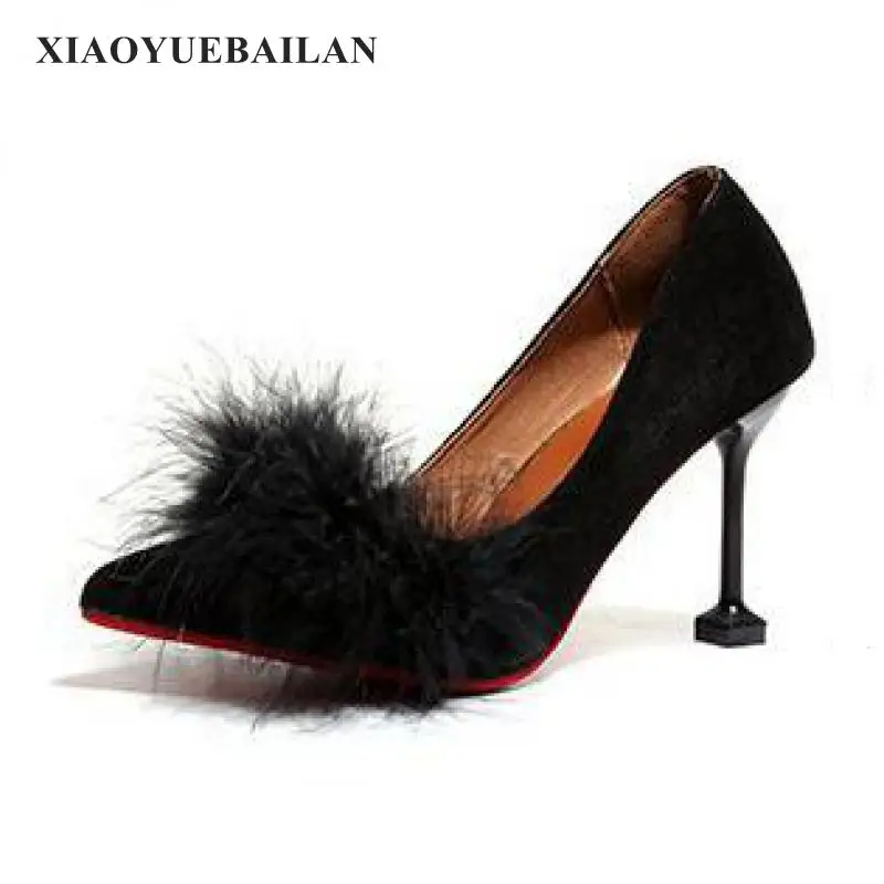 2017 New Autumn Ostrich Hair font b Shoes b font Pointed Heel Temperament Single font b