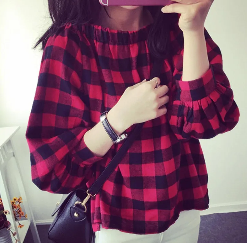 

Mr.nut word collar strapless lantern sleeves plaid shirt female spring and autumn new Korean version women blouses