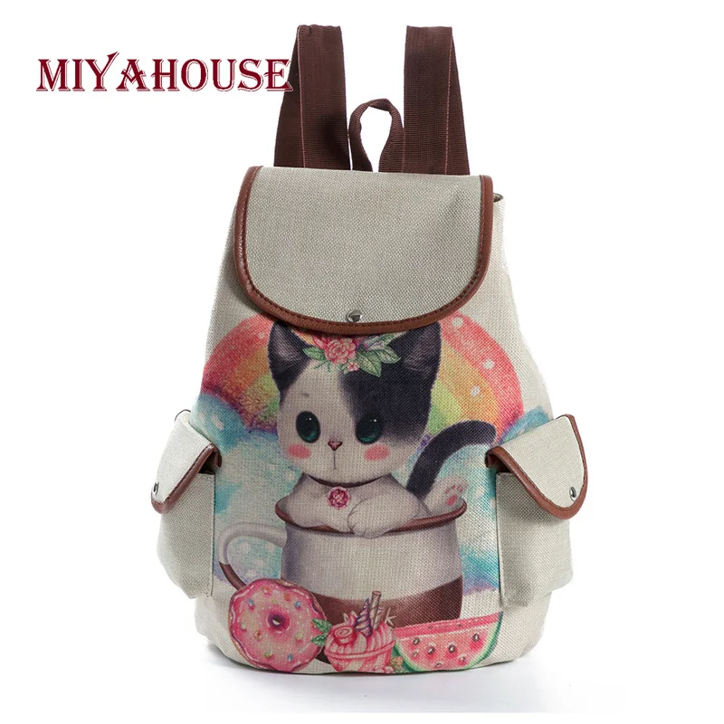 

Miyahouse Cute Cat Printed School Backpack Female Cartoon Design Drawstring Backpack For Teenage Girls Linen Travel Rucksack