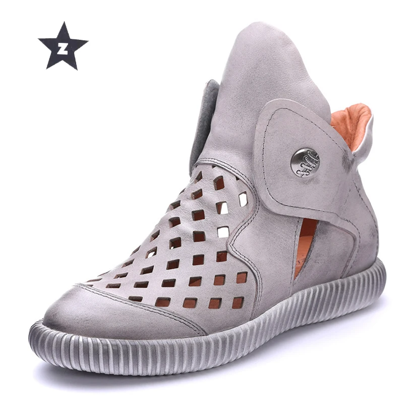 

Z mid-calf boots genuine leather women shoes summer retro handmade magic diamond hollow round flat shoes women boots feminina