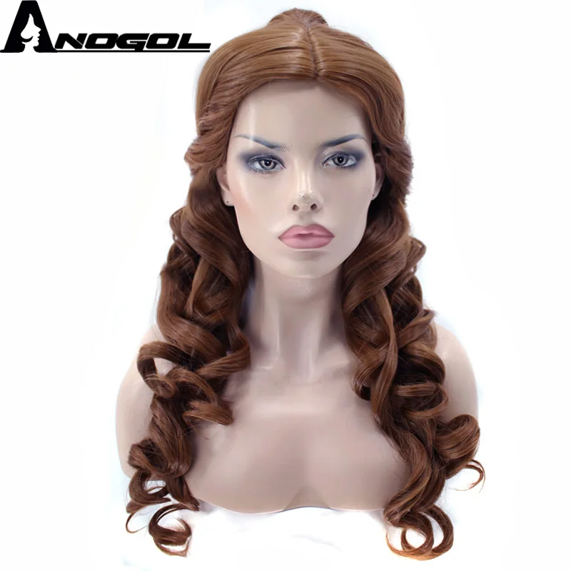 Anogol Bella y La Bestia Natural larga onda del cuerpo Clip cola de caballo marrón princesa sintética Cosplay peluca para fiesta de Halloween
