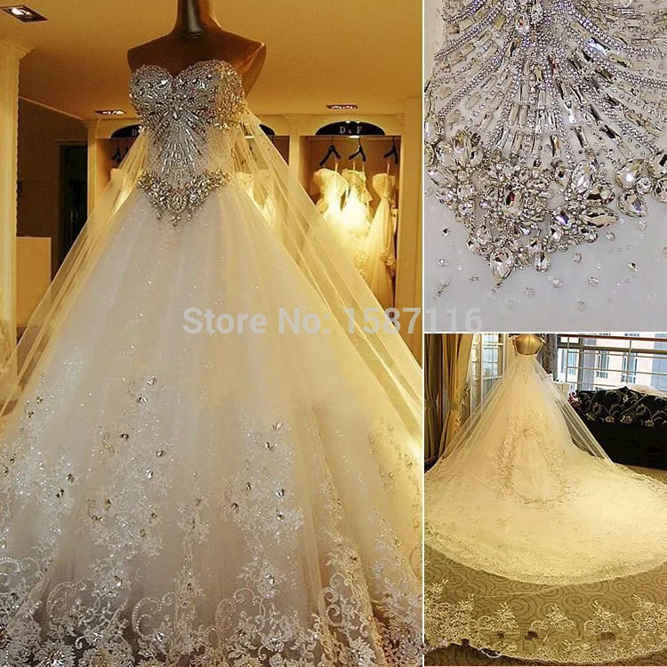 Luxury Crystal Cathedral Train Ball Gown Wedding Dresses With