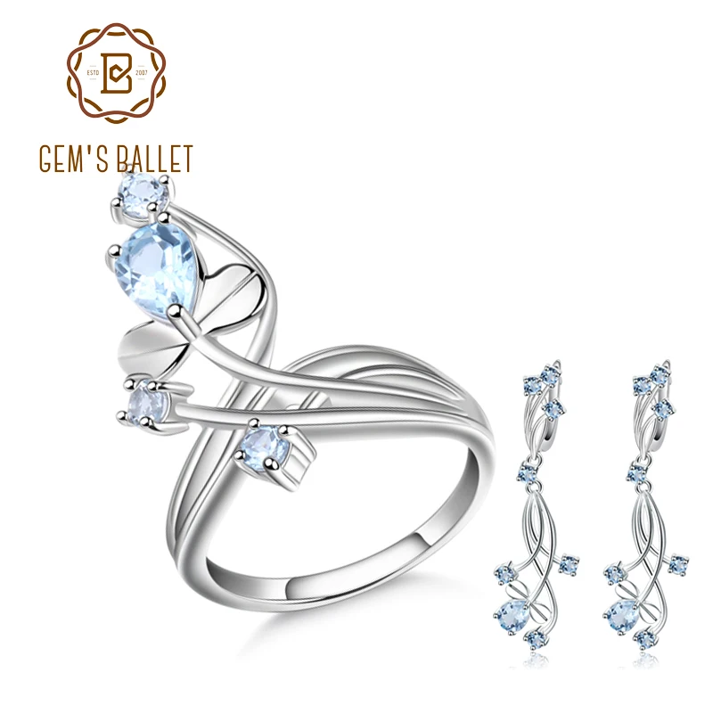 

GEM'S BALLET Natural Sky Blue Topaz Gemstone Cute Flower Jewelry Sets 925 Sterling Silver Earrings Ring Set For Women Engagement