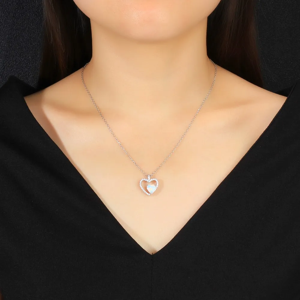 Heart Shape Pendant Necklace Romantic 925 Sterling Silver Opal Stone Necklace & Pendants Best Women Gift (JewelOra NE102686 )