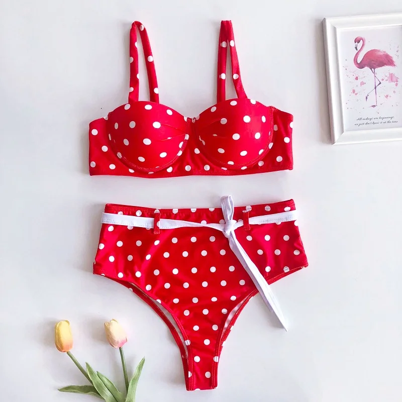 

MUXILOVE 2019 New Explosion Push Up Dots High Waist Metal Buckle Bikini Belt Split Swimsuit Two-pieces Sexy Bathing Suit Swim