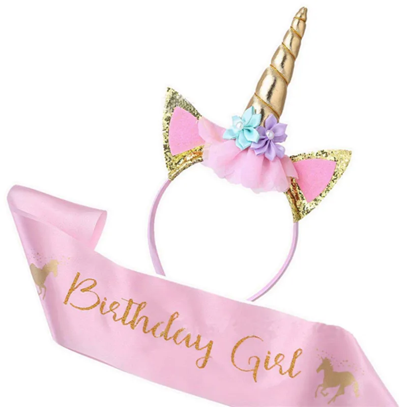 Unicorn Headband Birthday Girl Sash Satin Silk Sash Birthday Party Decoration Girl 1st Baby Shower Rainbow Unicorn Party Supply