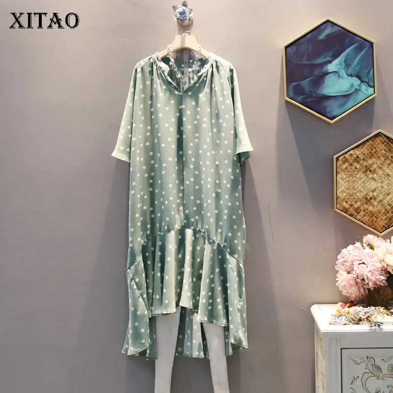 

XITAO Women Wave Point Irregular Midi Dress Temperament Ladies Fashion V Neck Pleated Plus Size Dress New Summer 2019 ZQ2325