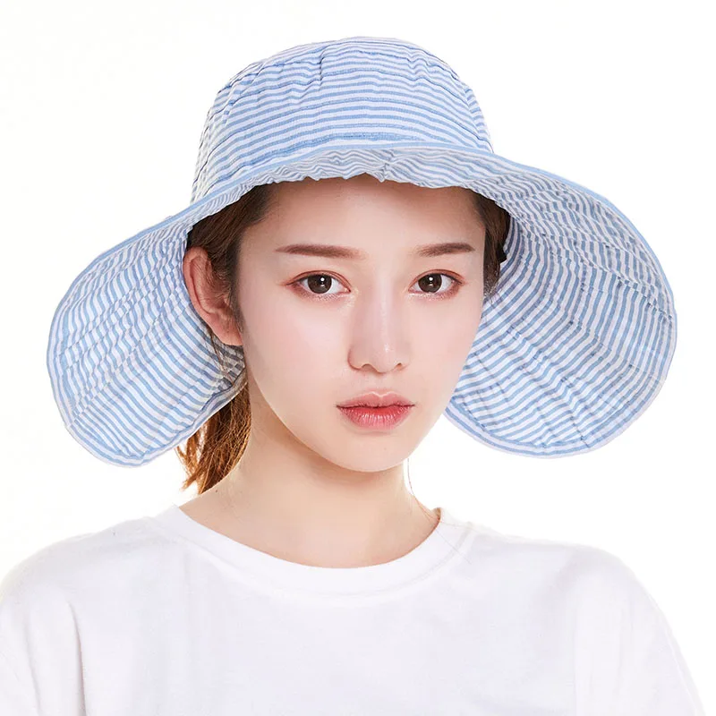 عكسها أعلى فارغة النساء قبعة الشمس واسعة حافة قناع شاطئ كاب السيدات قبعات صيفية النساء الشاطئ مخطط عارضة طوي قبعات الشمس