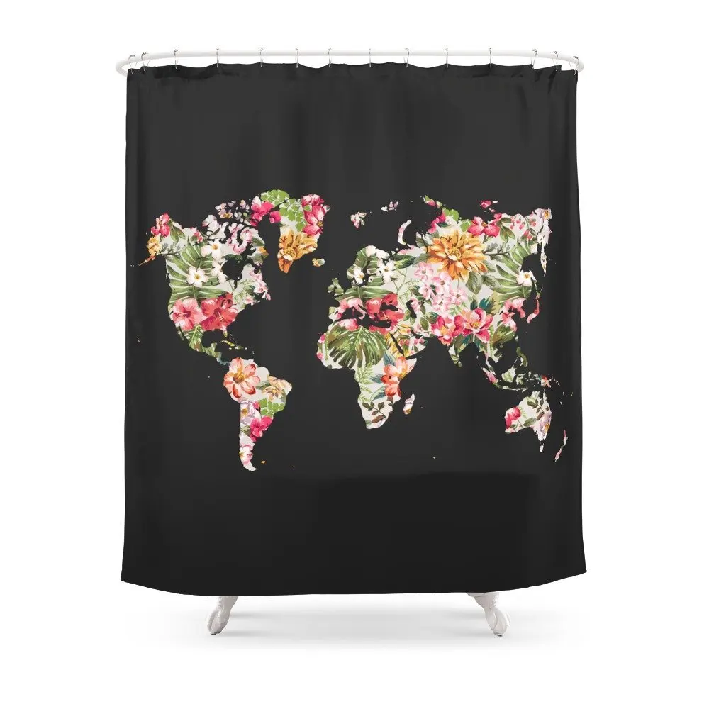 Floral World Map Shower Curtain Waterproof Bathroom Polyester Fabric