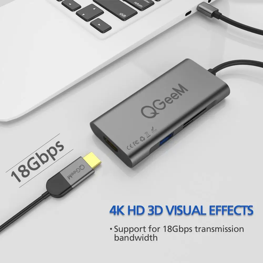 Цена QGeeM  font  b USB  b   font  C концентратор HDMI type C концентратор к Hdmi  font  b USB  b   font  3,0 Thunderbolt 3 кард ридер для Macbook 2018 mate20 P30 glaxy S9 S10  font  b USB  b   font  C концентратор