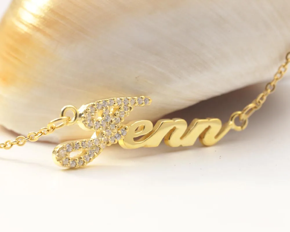 Solid Silver Golden Plated Custom Name with Crystal Necklace