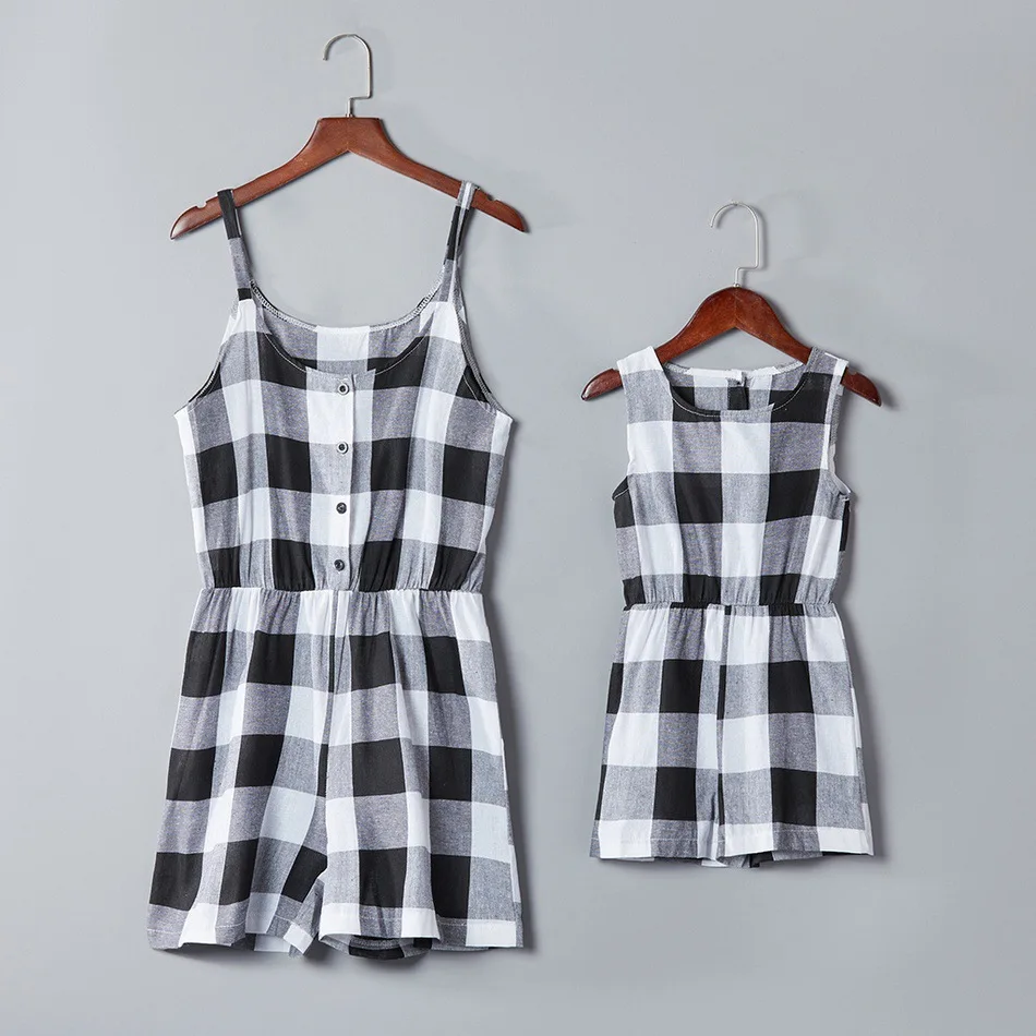 

plaid mother daughter dresses one-piece overall pants mommy and me clothes family matching outfits look mom mum and baby dress