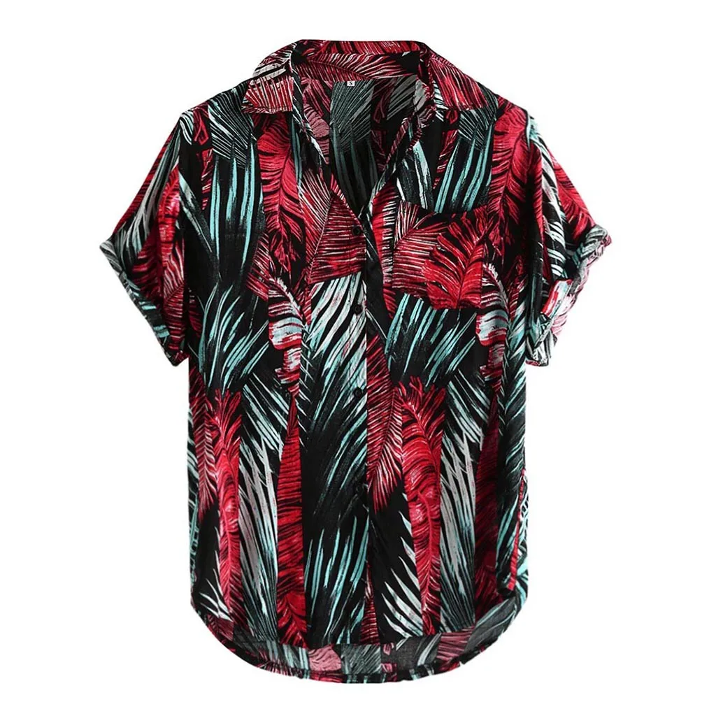 Fashsiualy Mens Printed Hawaiian Loose Beachwear Short Sleeve Casual Buttons Shirt camisa masculina