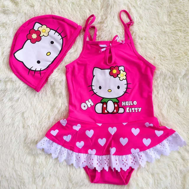 New Summer Cute Baby Girls Swimsuit Kids Love Pattern Hello Kitty Swimwear + Hat Cap Infant Girl