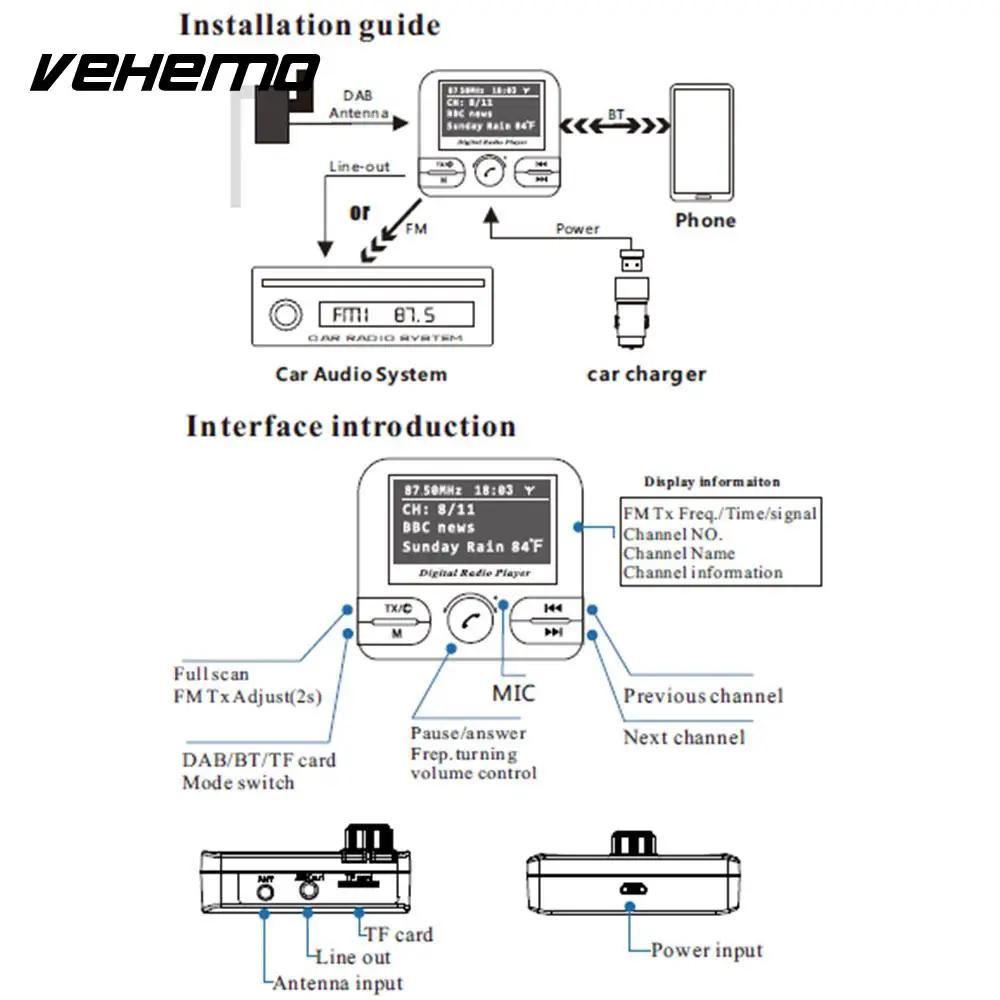 

Vehemo DC 5V Bluetooth Car FM Transmitter MP3 Player Car DAB Car Radio Adapter Hand-Free TF Card Player Radio