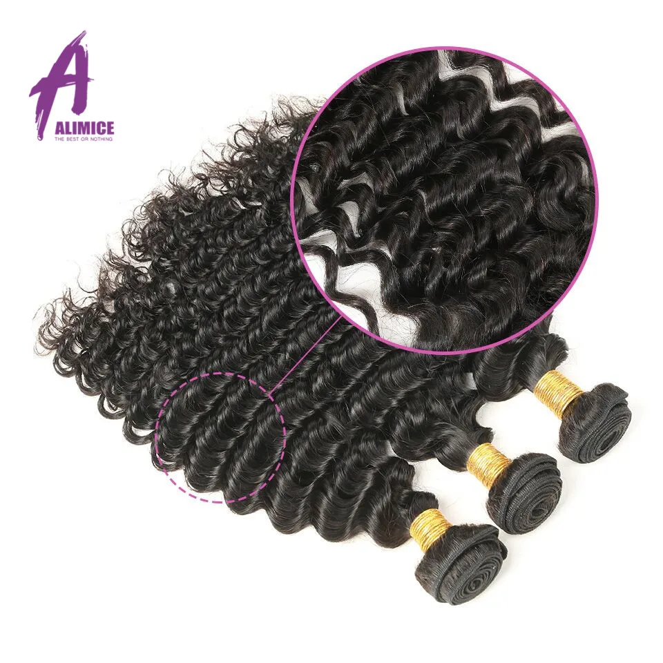 Alimice Hair Malaysian Deep Wave 3 Bundles With Closure Natural Color 100% Human Hair 8-28 Inches Remy Hair Extensions 4PcsLot (2)