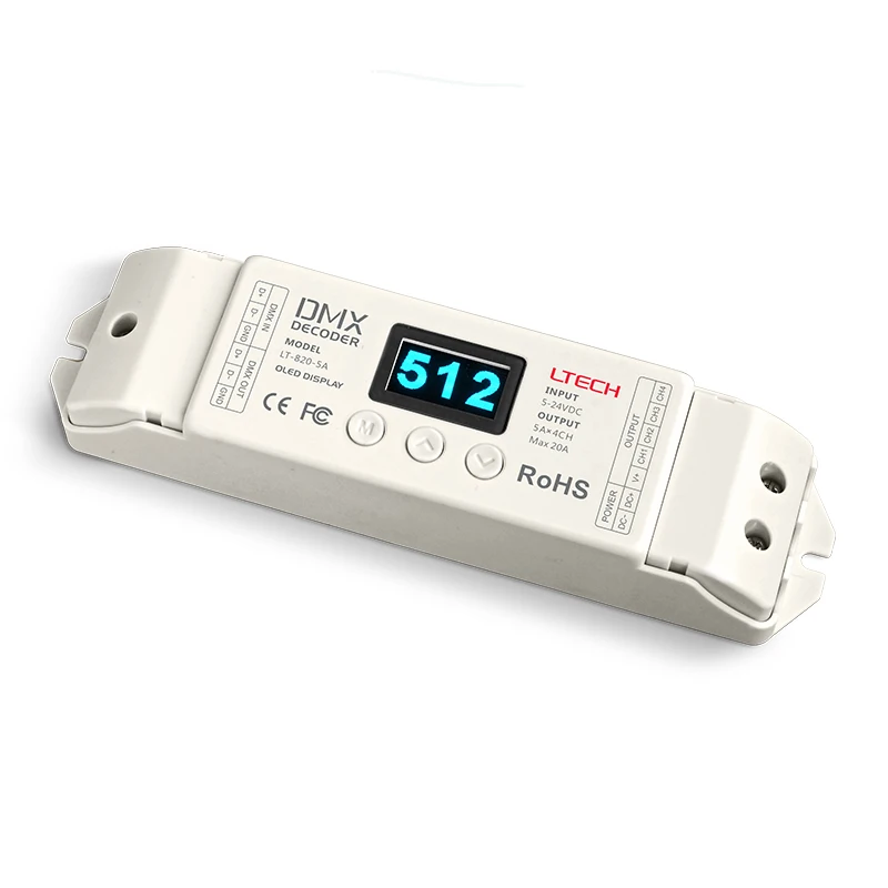 

LTECH Led DMX decoder DC12V 24V 5A*4CH 20A Output DMX512 Constant voltage OLED screen LT-820-5A 4 channel output CV decoder