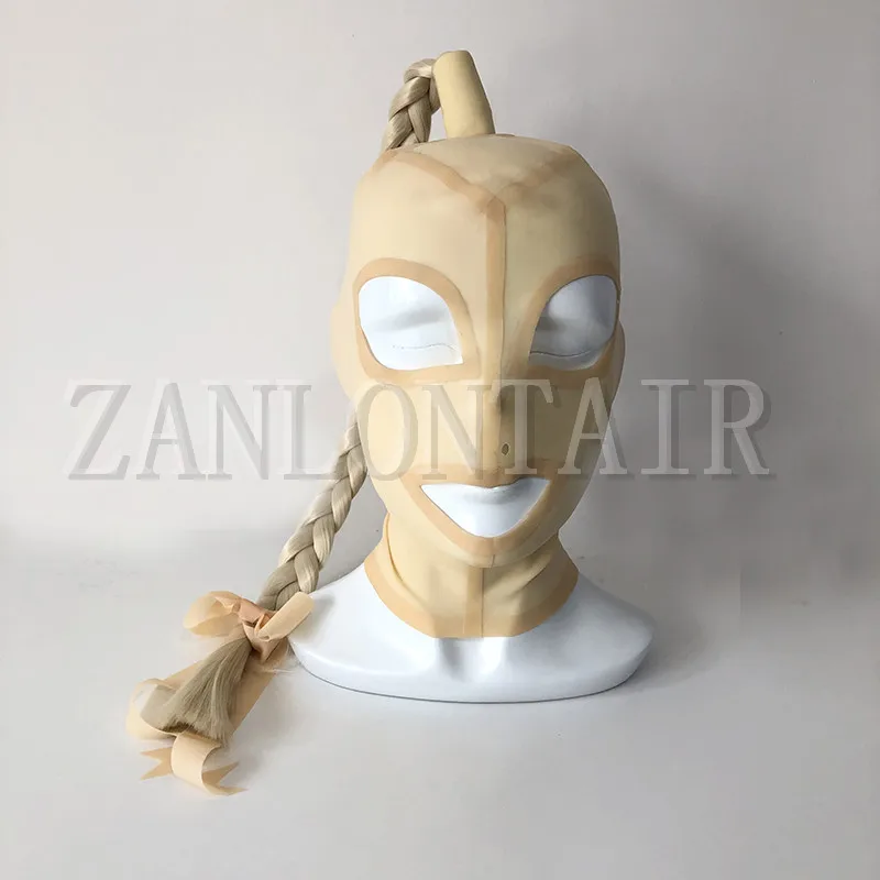 

new design exotic sexy transvestite lingerie handmade nuder color latex hoods mask cekc with pigtail Twisted braids wig fetish