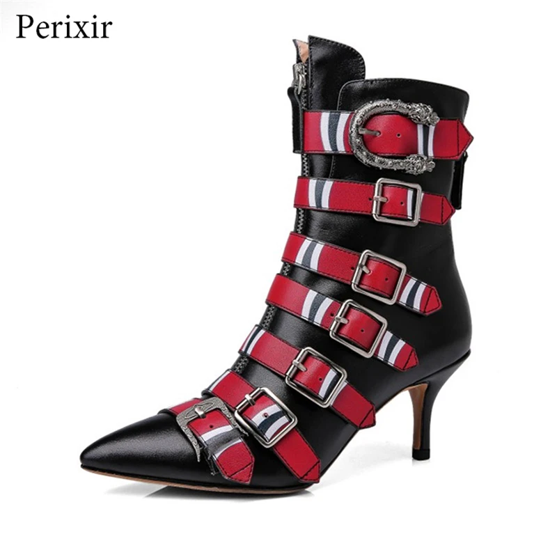 

Perixir Genuine Leather Ladies Ankle Boots Winter Round Toe Zip Buckle Western Boots Motorcycle Boots Medium Heeled Women Boots