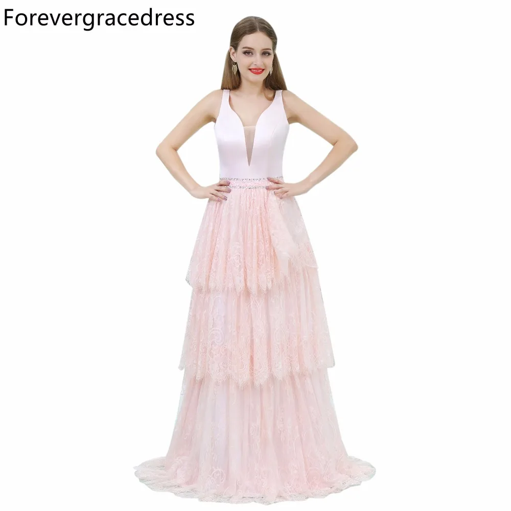 Forevergracedress Gorgeous Blush Pink V Neckline Prom Dress A Line Lace Long Homecoming Evening Party Gown Plus Size Custom Made|prom dresses|prom