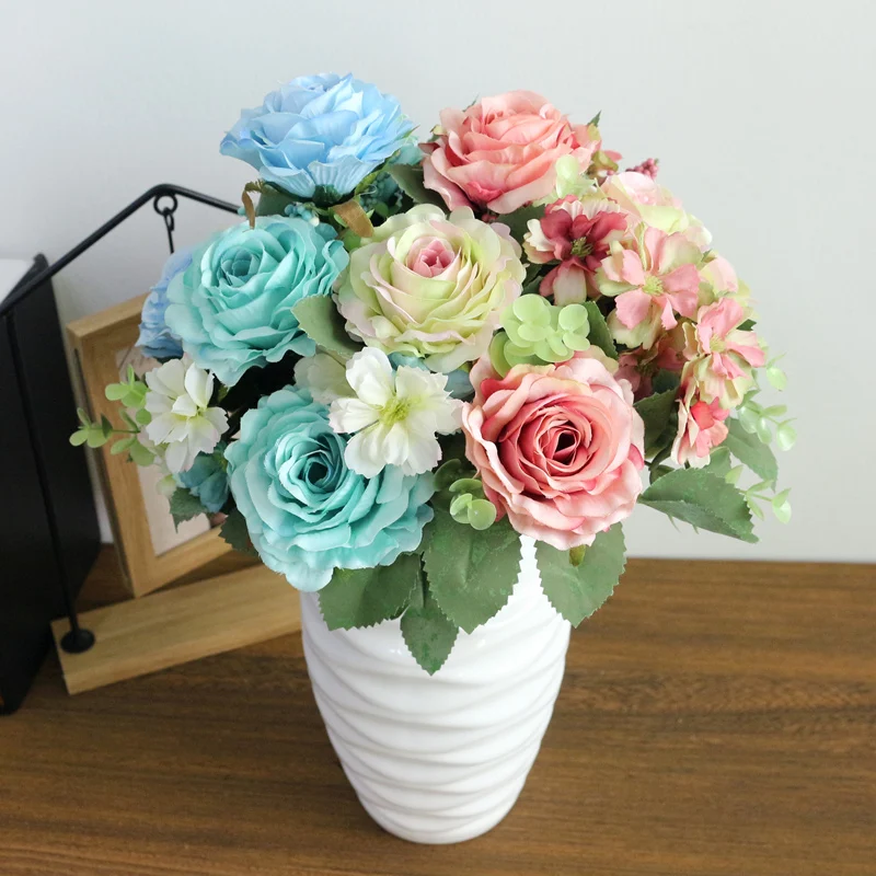 JAROWN Artificial Flowers Silk Plastic Flowers Pinecone Roses Bouquets Flower Bouquet For Wedding Home Party Decoration Decor (33)