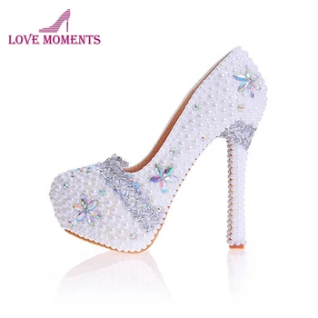 

2018 Handmade 14cm High Heel Women Dress Shoes White Pearl Wedding Platform Shoes Cinderella Prom Pumps Adult Ceremony Shoes