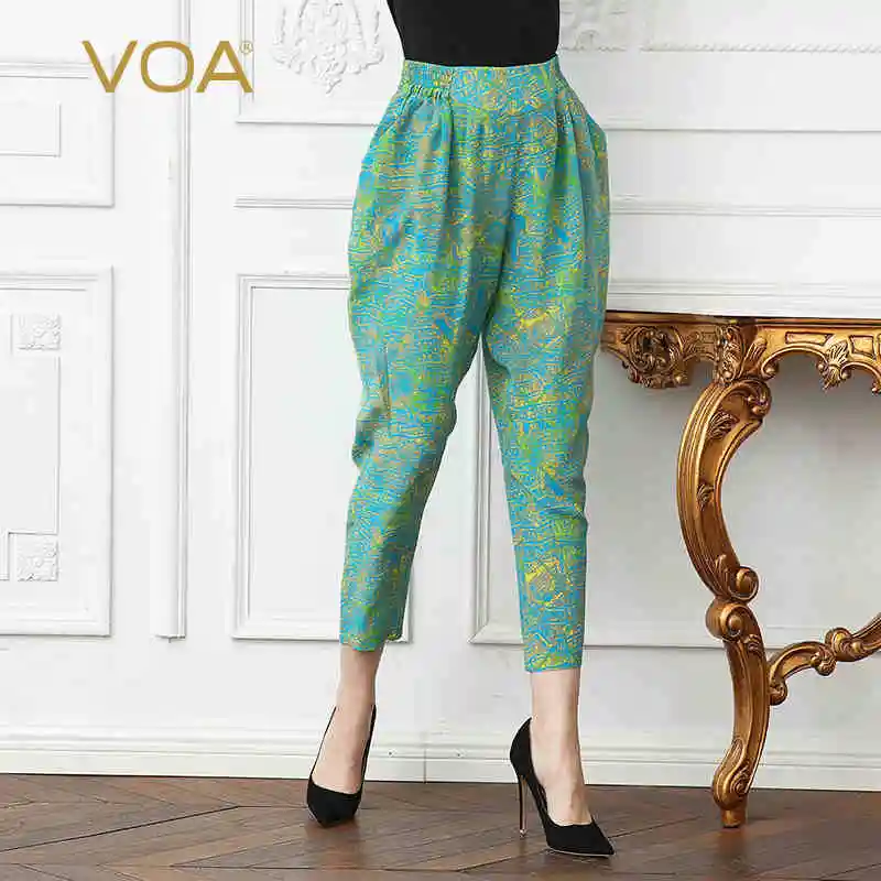 

VOA 2018 Spring Summer Fashion Casual Plus Size Loose High Waist Boho Print Harem Pants Silk Crepe Women Ninth Pants K2105