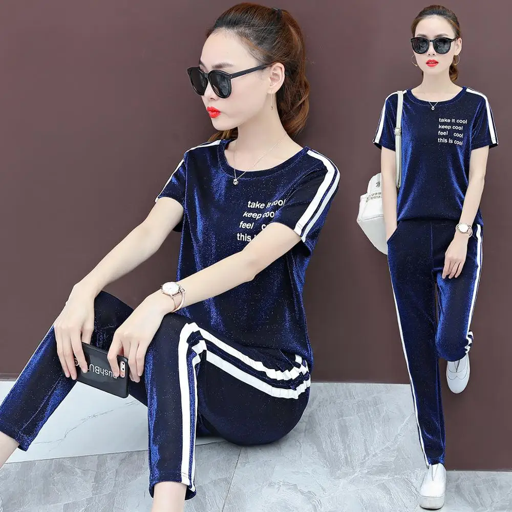 

Autumn Women Velvet 2 Two Piece Set Tracksuit Short Sleeve Letter Print Side Striped Top and Pants Outfits Sportswear Home Suits
