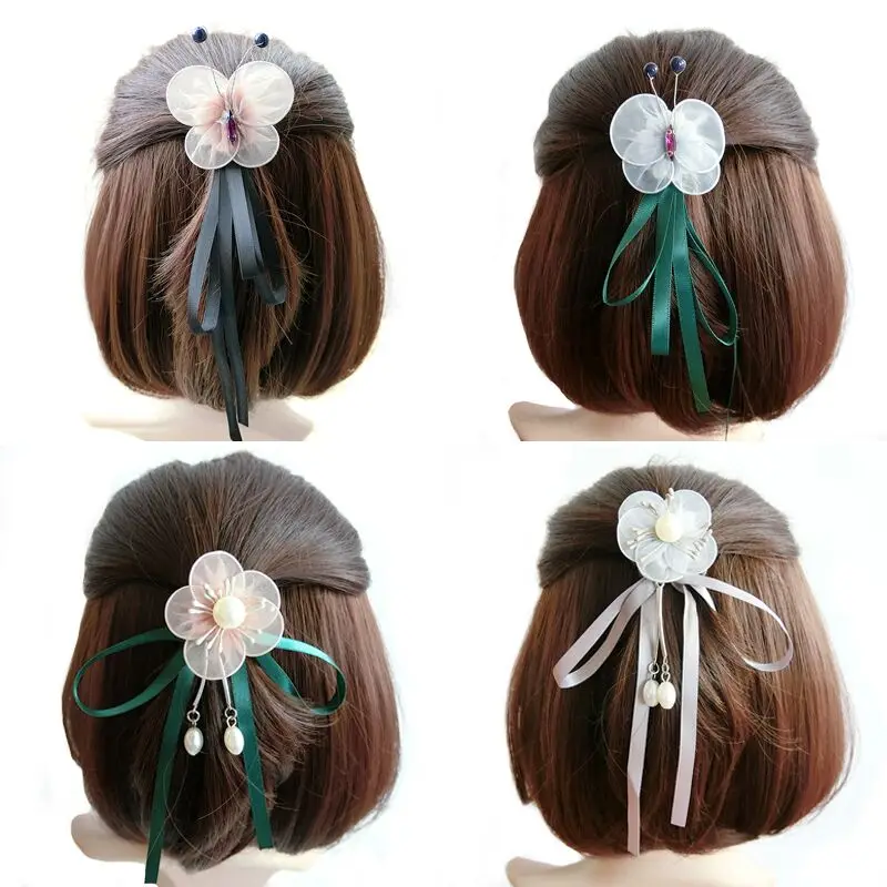 

M MISM Women Butterfly Elastic Hair Bands Elegant Girl Ribbon Flower Rubber Bands Ponytail Holder Scrunchy Hair Accessories